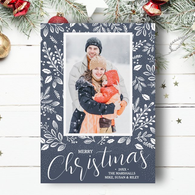 Merry Christmas Botanicals Photo Denim Holiday Card (
White botanicals on blue Merry Christmas photo holiday cards, PRINTED and/or INSTANT DOWNLOAD)