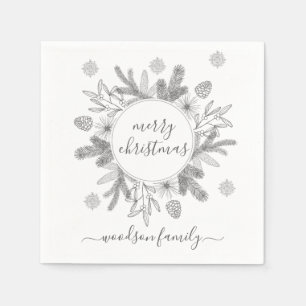 Merry Christmas Boughs Pine Holly Wreath  Napkin