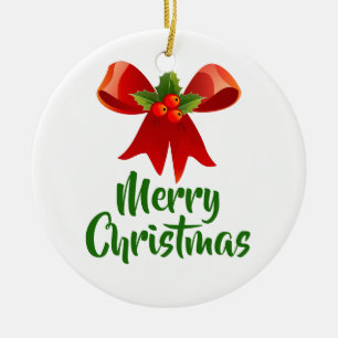Merry Christmas Bow Retro Style Ceramic Ornament