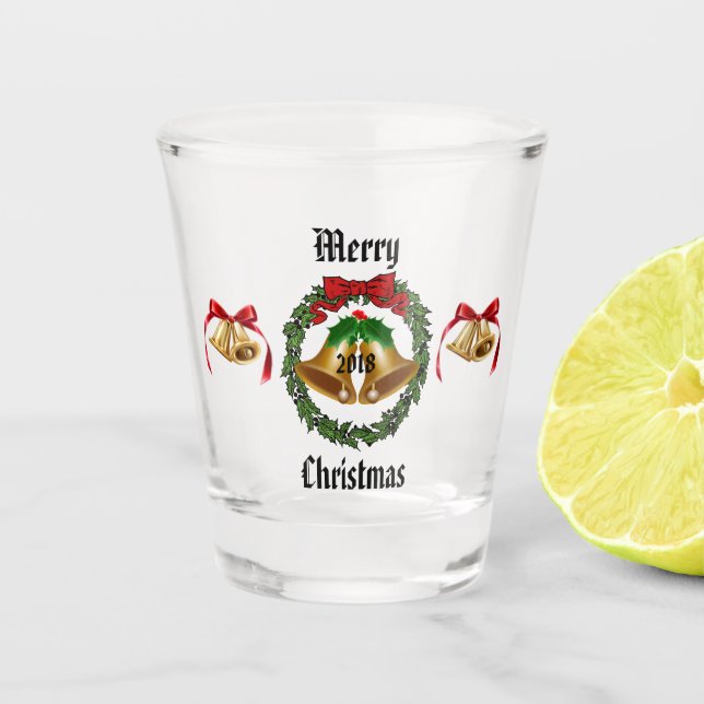 Merry Christmas Bow, Wreath, and Bells Shot Glass (Front)