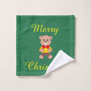 Merry Christmas Bowtie Teddy bear on Green Wash Cloth