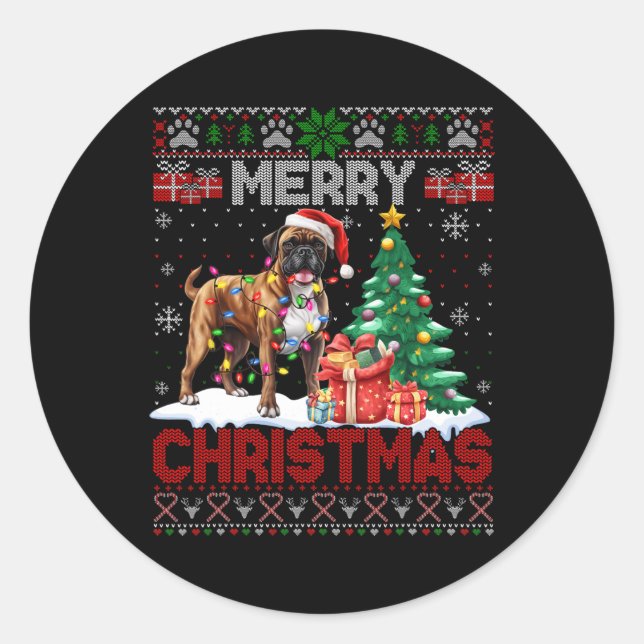 Merry Christmas Boxer Dog Lovers Family Ugly Xmas  Classic Round Sticker (Front)
