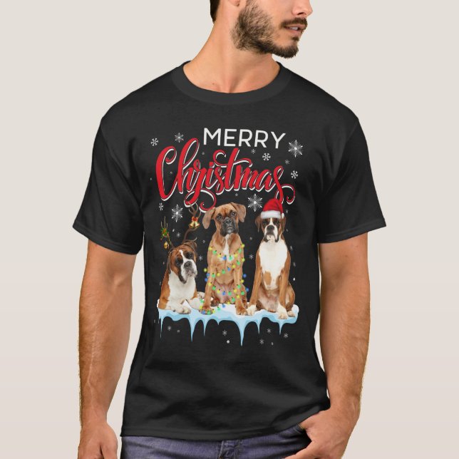Merry Christmas Boxer Dog Santa Light Reindeer Hat T-Shirt (Front)