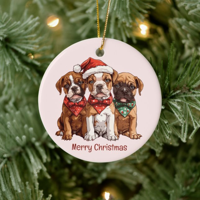 Merry Christmas Boxer Dogs Ceramic Ornament (Tree)