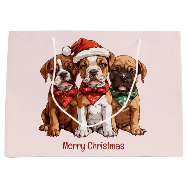 Merry Christmas Boxer Dogs Large Gift Bag (Front)