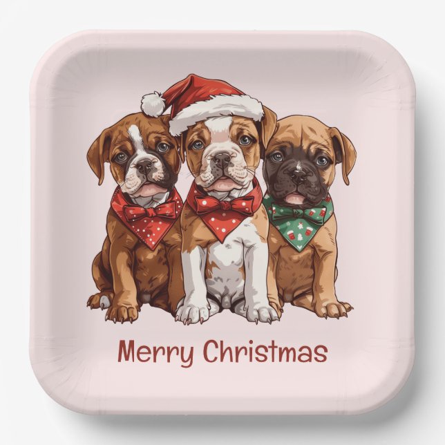 Merry Christmas Boxer Dogs Paper Plate (Front)