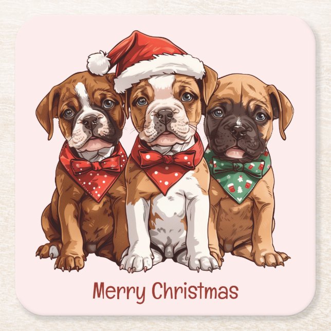 Merry Christmas Boxer Dogs Square Paper Coaster (Front)
