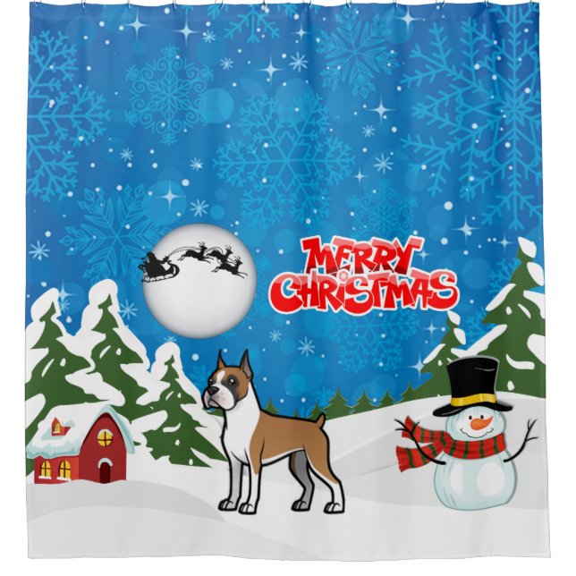 Merry Christmas Boxer With A Snowman And Santa Shower Curtain (Front)