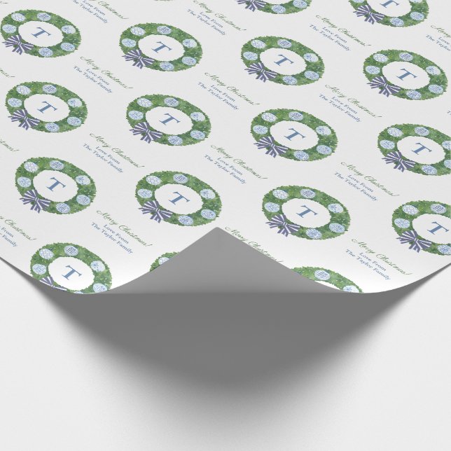 Merry Christmas Boxwood Wreath Blue White Baubles Wrapping Paper (Corner)