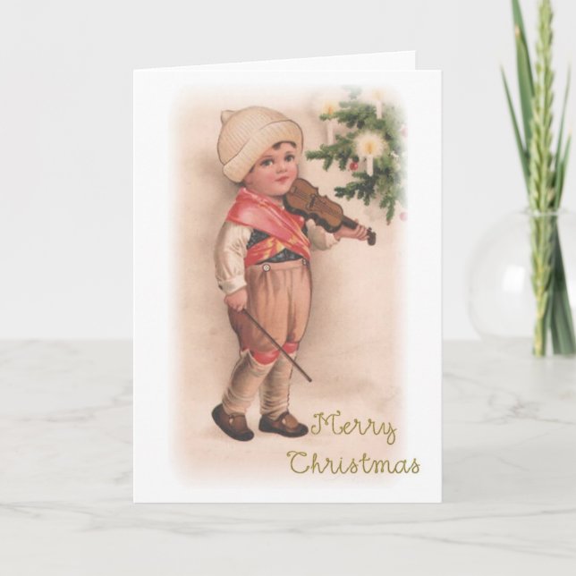 Merry Christmas Boy with Violin Holiday Card (Front)