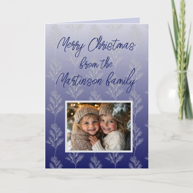 Merry Christmas Branches Pattern Photo Blue  Holiday Card (Front)