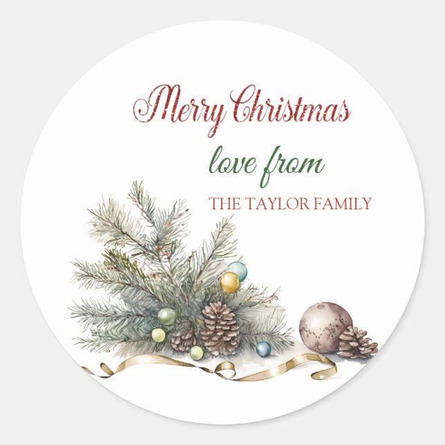 Merry Christmas,Branches,Pine Cones Classic Round Sticker (Front)