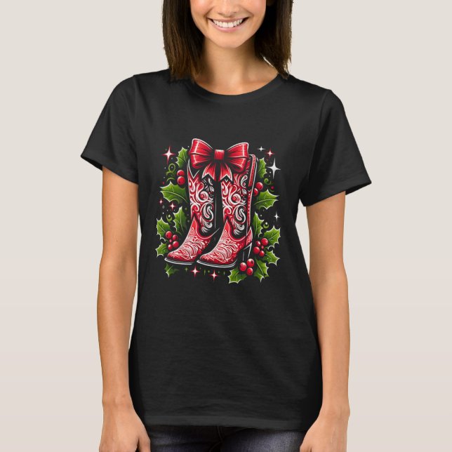 Merry Christmas Bright Cowgirl Boot Xmas Western C T-Shirt (Front)