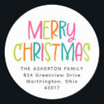 Merry Christmas bright fun return address Classic Round Sticker<br><div class="desc">Merry and bright, this return address sticker is the perfect finishing touch for your Christmas cards. Designed to coordinate with the Lea Delaveris Design Fa La La and Ho Ho Ho collection, this simple return address sticker features a bright pink, lime, orange and teal Merry Christmas along with your personalised...</div>