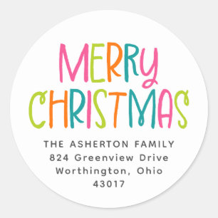 Merry Christmas bright fun return address Classic Round Sticker