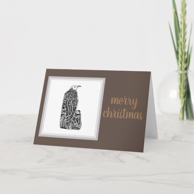 "Merry Christmas" Bronze & Silver Penguin Design Holiday Card (Front)