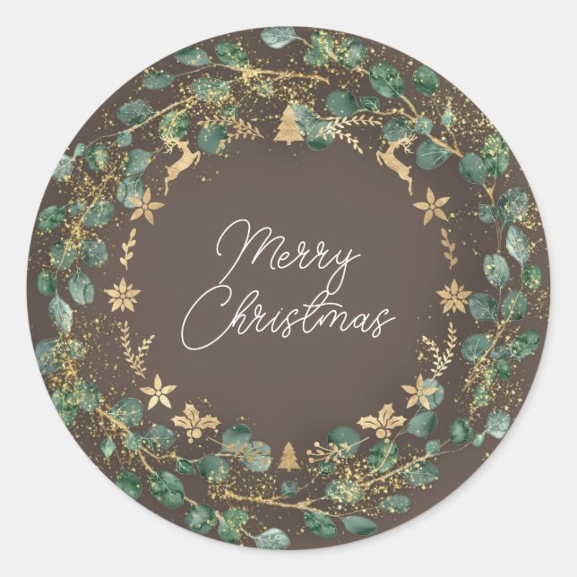 Merry Christmas Brown Green Wreath Woodland Gold  Classic Round Sticker (Front)