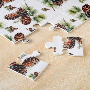 Merry Christmas Brown Pinecones Green Foliage Jigsaw Puzzle