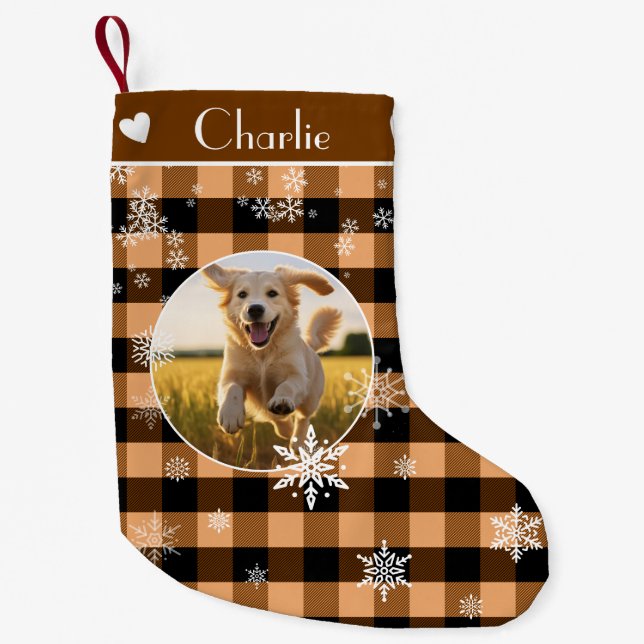Merry Christmas Brown Plaid Pattern Custom Photo Small Christmas Stocking (Front)
