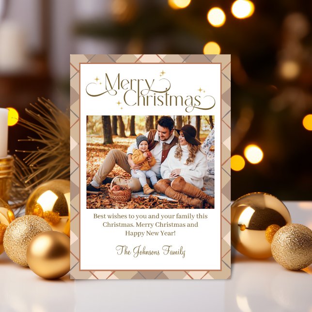 merry christmas brown tartan family photo chic  holiday card (Creator Uploaded)