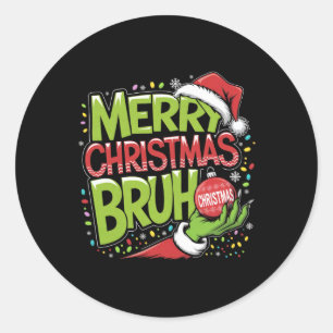 Merry Christmas Bruh Green Hand Santa Hat Xmas Fam Classic Round Sticker