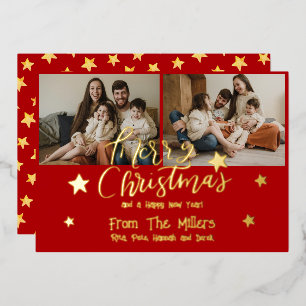 Merry Christmas Brush Script 3 Photos Red Foil Holiday Card