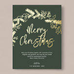 Merry Christmas Brush Script Berry Leaves Green Foil Holiday Postcard<br><div class="desc">Christmas card features wreath of holly berry and pine leaves.</div>