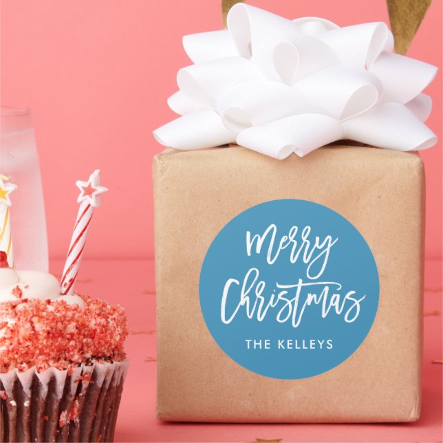 Merry Christmas Brush Script Blue Personalised Classic Round Sticker (Party)