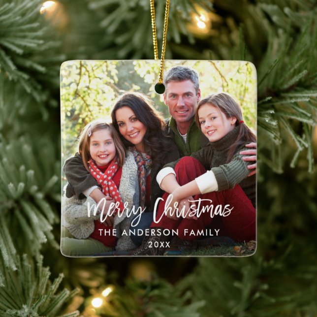 Merry Christmas Brush Script Family Photo W Ceramic Ornament (Tree)