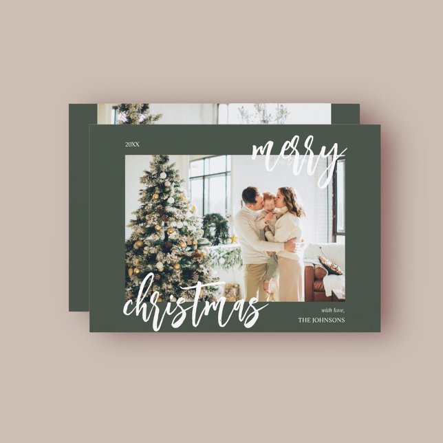 Merry Christmas Brush Script Photo Green Holiday Card (Creator Uploaded)