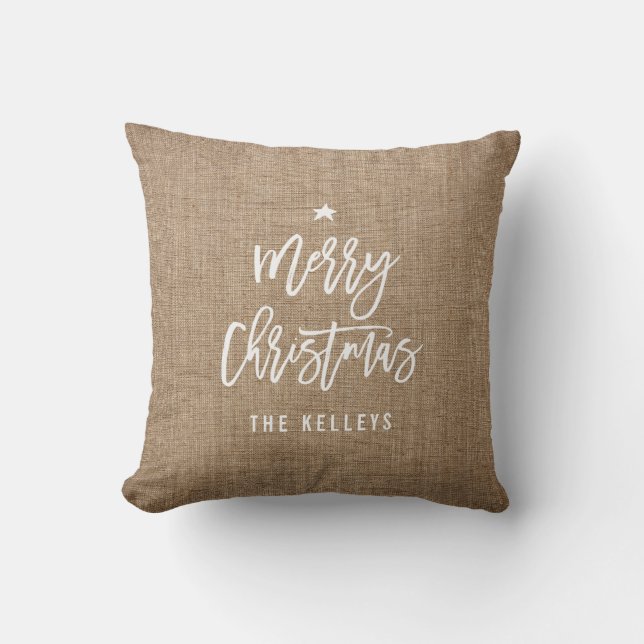 Merry Christmas Brush Script Rustic Personalised Cushion (Front)