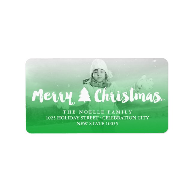 Merry Christmas Brush Script Tree Photo Address Label (Front)