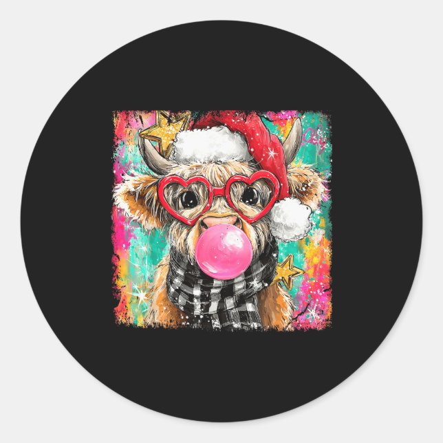 Merry Christmas Bubble Gum Xmas Highland Cow Heife Classic Round Sticker (Front)