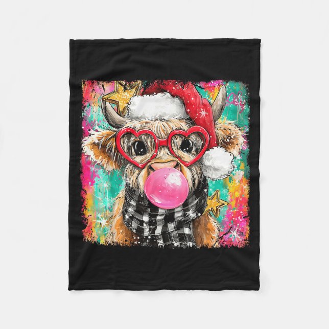 Merry Christmas Bubble Gum Xmas Highland Cow Heife Fleece Blanket (Front)