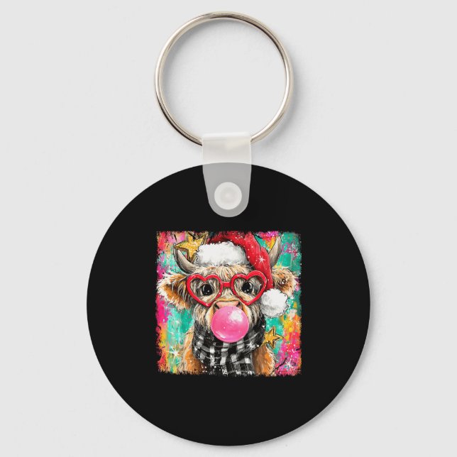 Merry Christmas Bubble Gum Xmas Highland Cow Heife Key Ring (Front)