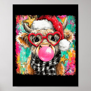 Merry Christmas Bubble Gum Xmas Highland Cow Heife Poster
