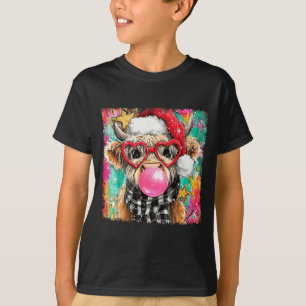 Merry Christmas Bubble Gum Xmas Highland Cow Heife T-Shirt