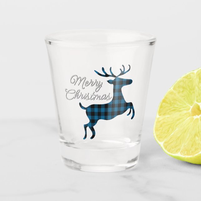 Merry Christmas Buck on Blue Black Buffalo Check Shot Glass (Front)