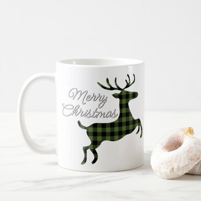 Merry Christmas Buck on Green Black Buffalo Check Coffee Mug (With Donut)
