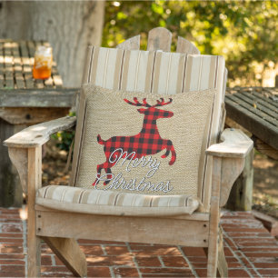 Merry Christmas Buck on Red Black Buffalo Check Cushion