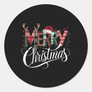 Merry Christmas Buffalo Black And White Plaid For Classic Round Sticker