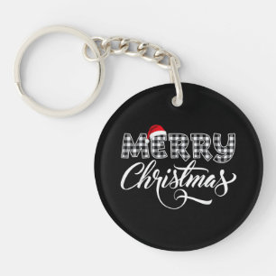 Merry Christmas Buffalo Black and White Plaid for Key Ring