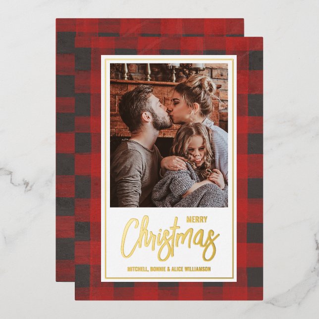 Merry Christmas Buffalo Check Photo Gold Foil Holiday Card (Front/Back)