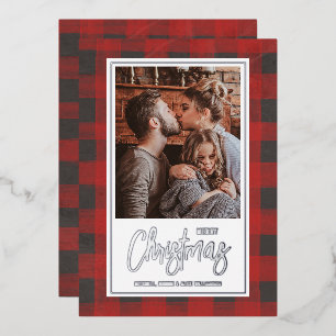 Merry Christmas Buffalo Check Photo Silver Foil Holiday Card