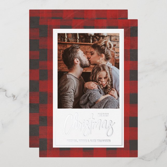 Merry Christmas Buffalo Check Photo Silver Foil Holiday Card (Front/Back)