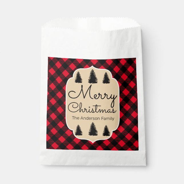 Merry Christmas Buffalo Check Plaid & Trees Favour Bag (Front)