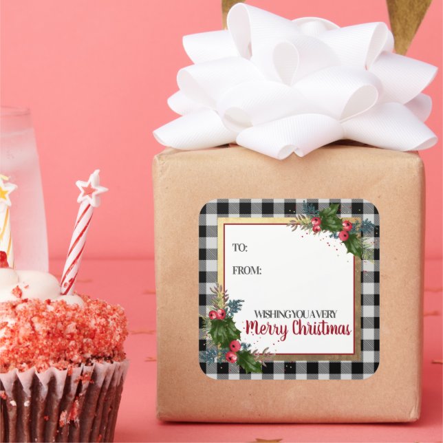 Merry Christmas Buffalo Check Watercolor Holly Square Sticker (Party)
