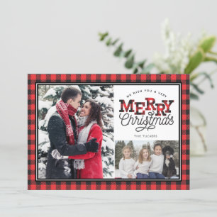 MERRY Christmas Buffalo Plaid Border 2-Photo Holiday Card