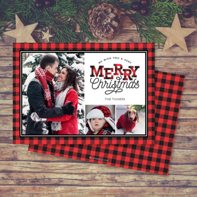 MERRY Christmas Buffalo Plaid Border 3-Photo Holiday Card (Creator Uploaded)