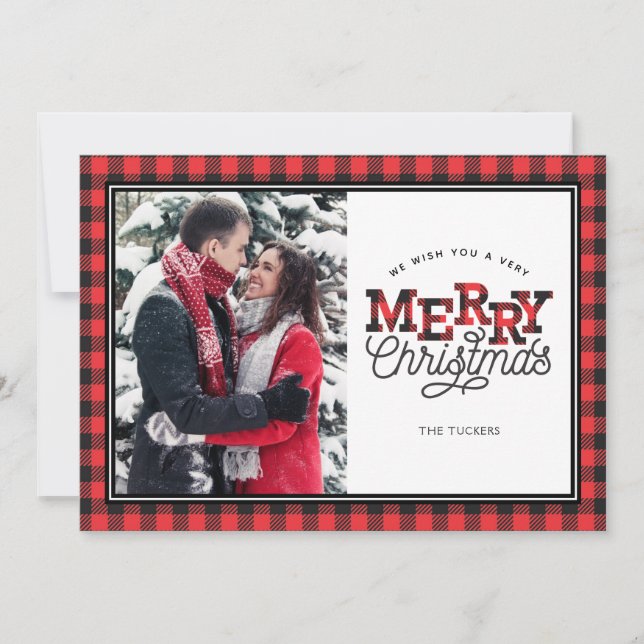 MERRY Christmas Buffalo Plaid Border Photo Card (Front)